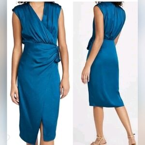 NWT Veronica Beard Clarissa Wrap Front Draped Ruffle Satin Dress in Cerulean.